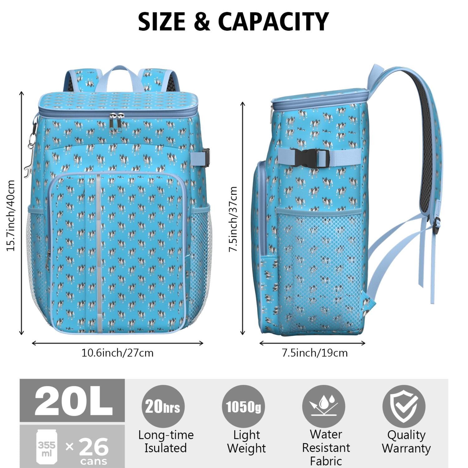 Travel Cooler Bag - French Bulldog Camping Beer Cooler Backpack with Bottle Opener- Waterproof Insulated Picnic Backpacks - Cooler Bag for Beach