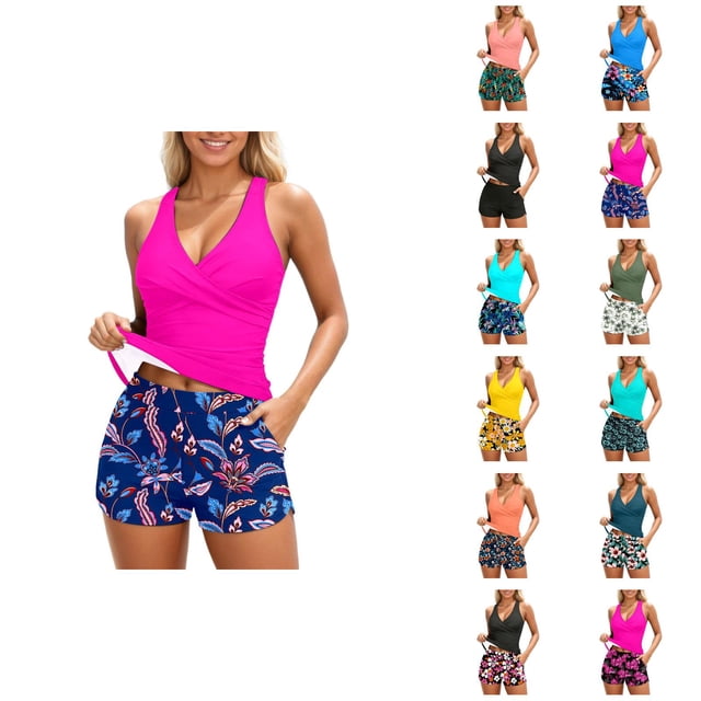 Womens Tankini Bathing Suits 2026 Casual Modest Deep V Neck Crossover Top with Swim Shorts Two Piece Bathing Suits for Women