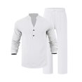 thumbnail image 5 of Men's Linen Two-Piece Suit Set, Casual Long Sleeve Shirt & Pants for Fall Spring,White,L, 5 of 5