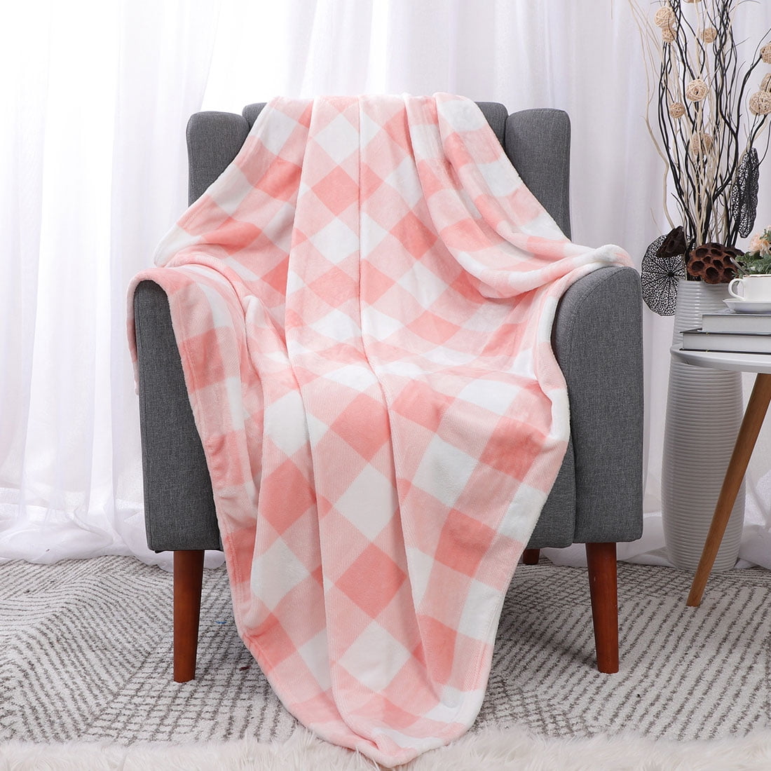 Light Pink Soft Woven with Decorative Fringe 50 x 60 in. Farmhouse Throw with Check Pattern Sofa Buffalo Plaid Throw Blanket for Couch Office Chair Outdoor Lightweight for Bed