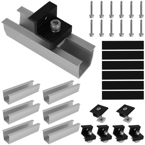 6Pcs Solar Panel Mounting Bracket Set Aluminum Alloy Solar Panel Roof Mounting Rail Kit with 30-35 mm Adjustable End and Center Clamp for Flat and Trapezoidal Roof