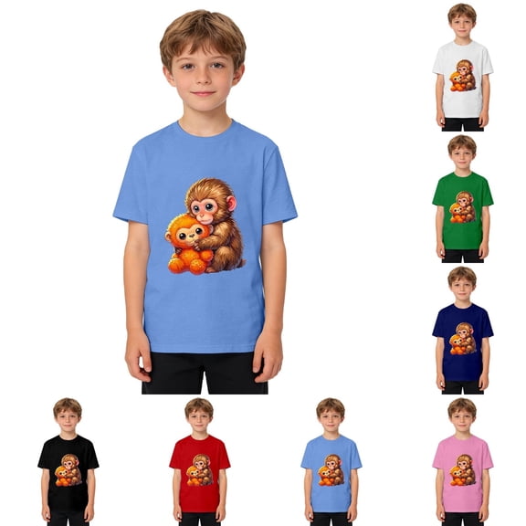 Boys Monkey Graphic Print Short Sleeve Punch T Shirt Casual Crew Neck Tee for Kids Comfortable Youth Basic Top