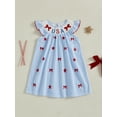 thumbnail image 4 of BemeyourBBs Kids Toddler Baby Girls 4th Of July Outfit Summer Smocked Dress Patriotic Clothes USA Letter Bow Embroidered Round Neck Fly Sleeve Casual Holiday Party Dress, 4 of 9