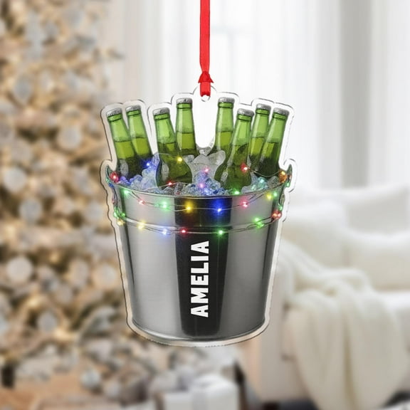 Personalized Beer Bucket Acrylic Christmas Ornament with Lights Custom Name, Home Bar Holiday Tree Decor, Party Host/Entertaining Keepsake