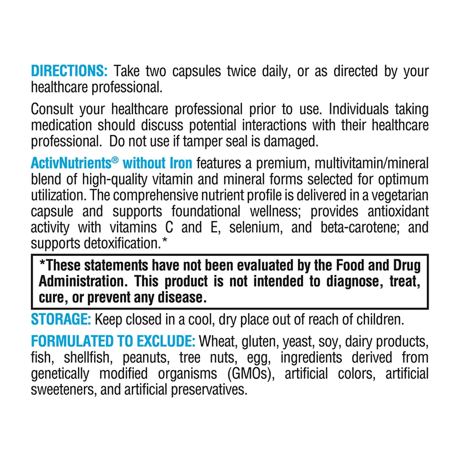 XYMOGEN ActivNutrients without Iron - No Iron Multivitamin for Wellness Support - Energy Production & Immune Support - Antioxidant Activity - Gluten-Free & Dairy-Free - 60 Count