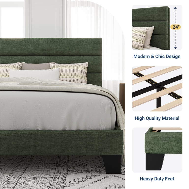 Allewie King Platform Bed Frame, Green Chenille Headboard photo 4