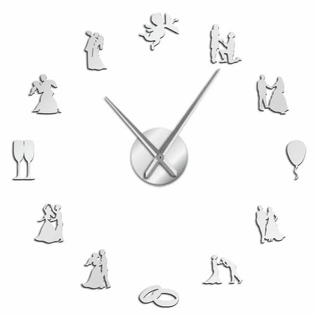 Lovers Couple Engaged Wedding Party Silhouette Frameless Wall Clock Stickers, DIY Modern Decorative Clocks for Living Room, Bedroom, Office - Easy to Install, Large 3D Clock Design (Silver,47in)
