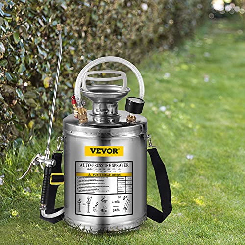 Happybuy 1Gal Stainless Steel, Set with 12" Wand& Handle& 3FT Reinforced Hose, Hand Pump Sprayer with Pressure Gauge&Safety Valve, Adjustable Nozzle Suitable for Gardening and Sanitizing, Silver