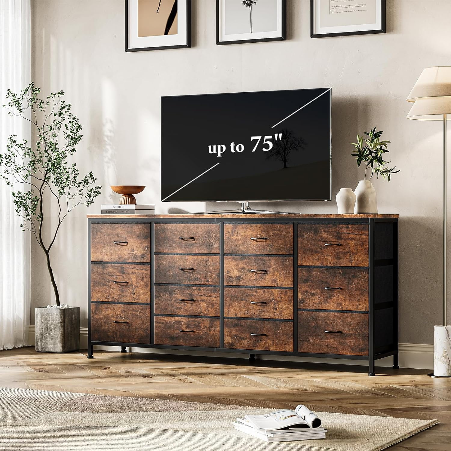 M optimized 63" Dresser for Bedroom, TV Stand for 65 70 75 inch TVs, 14 Drawer Dresser with Power Outlets, Large Long Fabric Dresser Entertainment Center