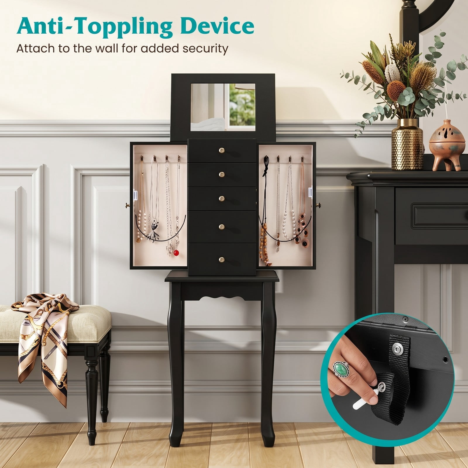 Furnibear Freestanding Armoire Storage Jewelry Cabinet with 5 Drawers, Side Compartments, and Lift-Top Mirror for Bedroom, Black