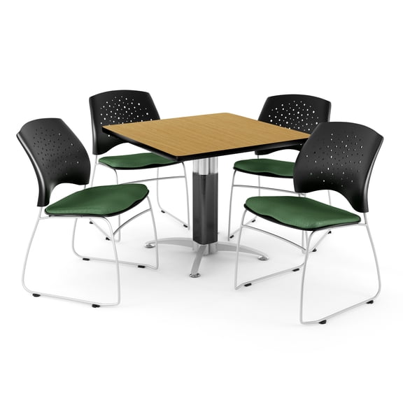 OFM Core Collection Breakroom Bundle, 36" Square Metal Mesh Base Multi-purpose Table in Oak, 4 Stars Stacking Chairs in Forest Green (PKG-BRK-017-0063)