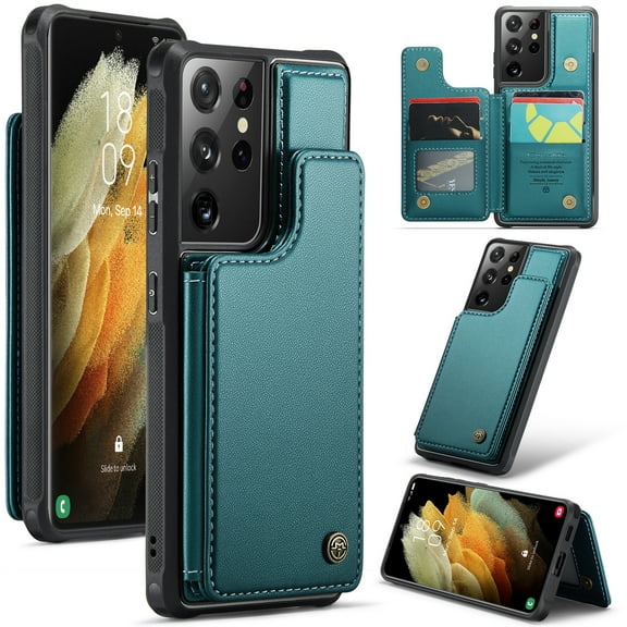 Mantto Case for Samsung Galaxy S21 Ultra with Card Holder, Retro PU Leather RFID Blocking Credit Card Slots Double Magnetic Clasp Flip Kickstand Shockproof Phone Cover for Galaxy S21 Ultra,Blue