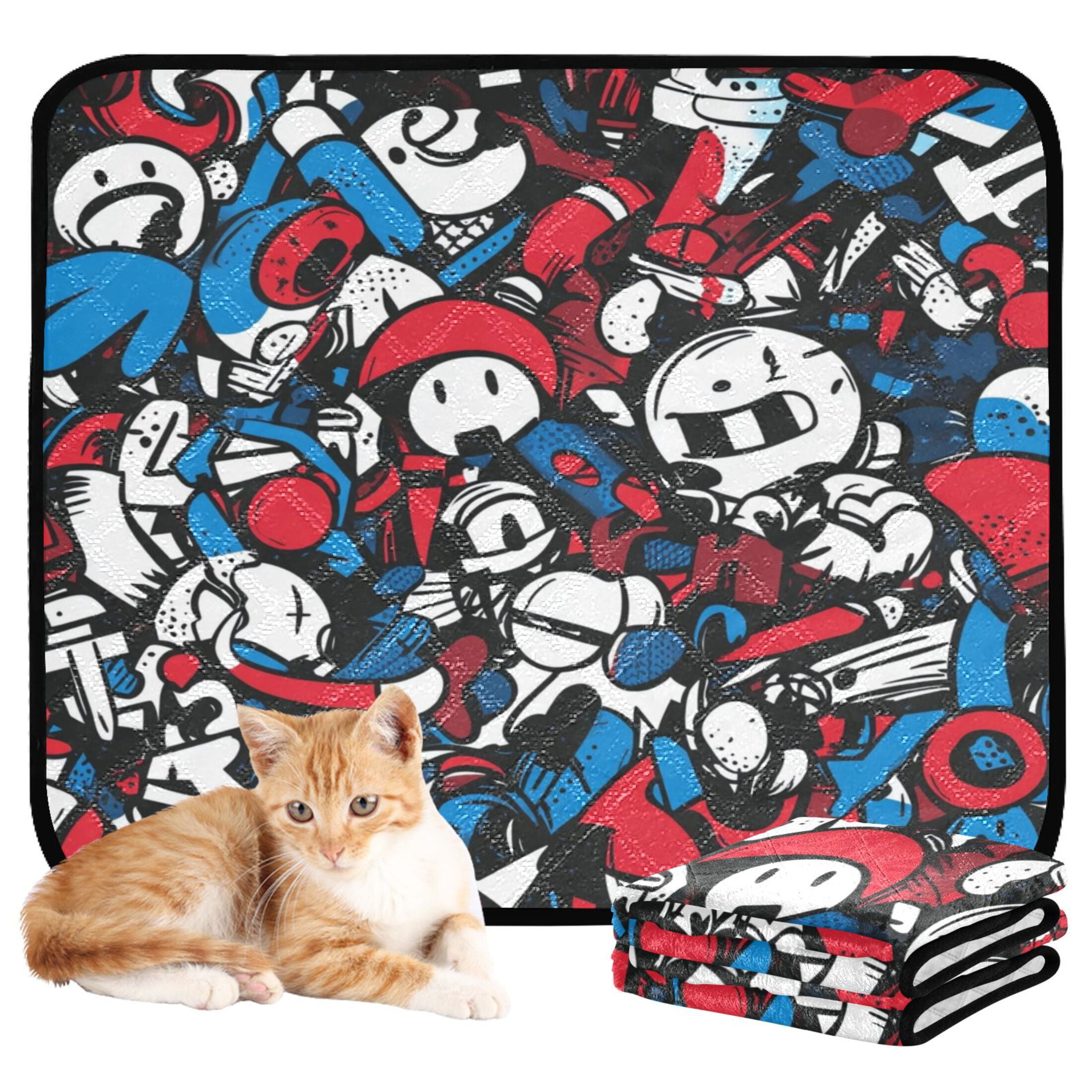 Qxltty Red Blue Graffiti Pattern Cat litter Pads Pet Set of 2 Diaper Mats Center Anti-leakage Layer Absorbent Soft and Comfortable