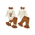 thumbnail image 2 of Spewahor Infant Baby Girls Spring Fall Outfit 0 3 6 12 18 Months Round Neck Cow Embroidery Jumpsuit Headband Elastic Waist Flared Pants Set, 2 of 9