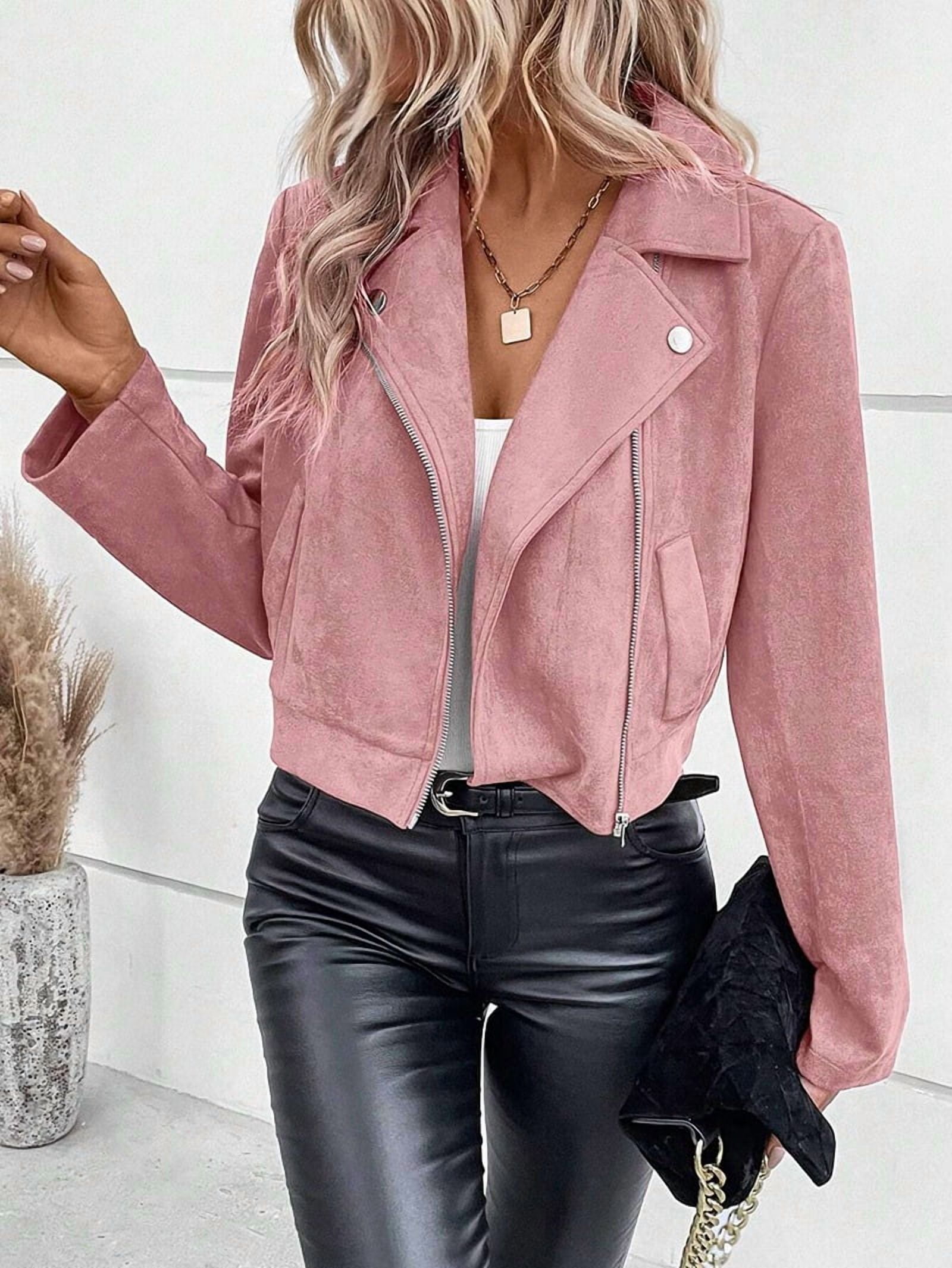 Women'S Cropped Zipper Long Sleeve Suede Faux Leather Blazer Jacket Autumn Fashion Outerwear Pink S