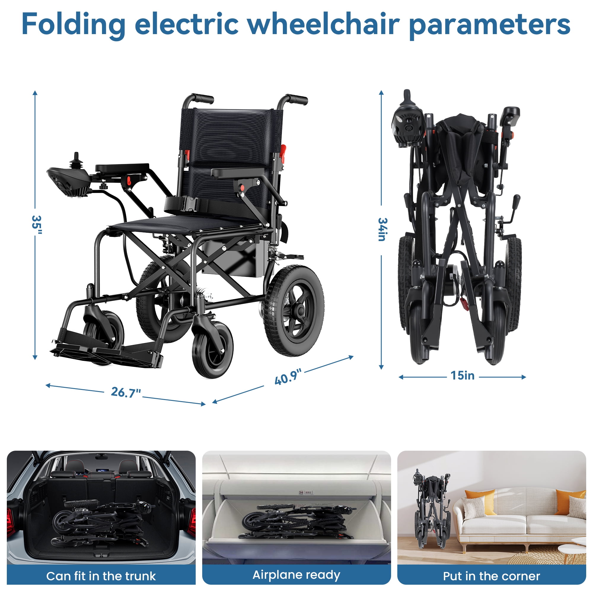SACVON Foldable Electric Wheelchair for Seniors, All Terrain Motorized Wheelchair for Seniors with Detachable Battery,Airline Approved