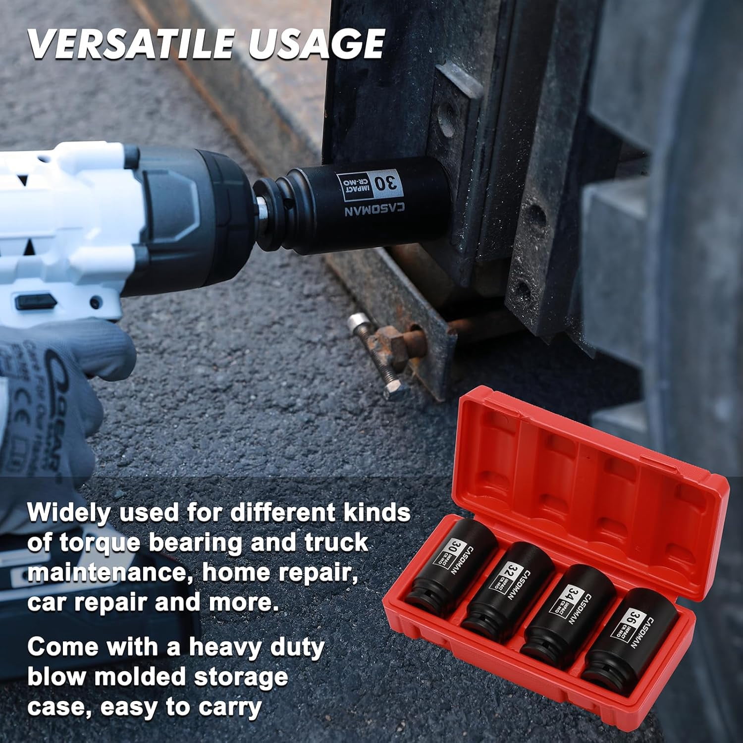CASOMAN 1/2-inch Drive Deep Spindle Axle Nut Impact Socket Set,12 Point Metric, CR-MO, 30,32,34,36mm, 4-Piece 1/2" Heavy Duty Impact Socket Set
