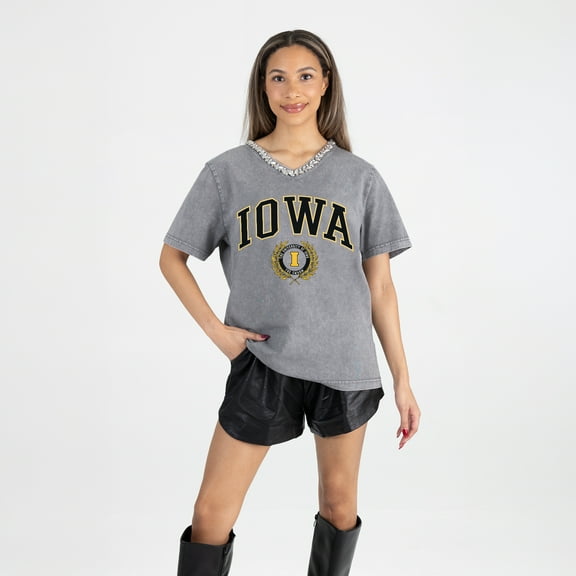 Women's Gameday Couture Gray Iowa Hawkeyes Iconic Edge Rhinestone V-Neck T-Shirt