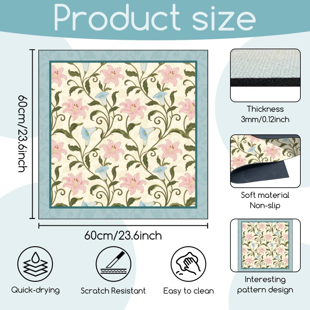 Lily Vine Flowers Laundry Room Washer Dryer Dust Cover Mat 23.6x23.6inch Morning Glory Washing Machine Top Protector Pads Vintage Multi-color