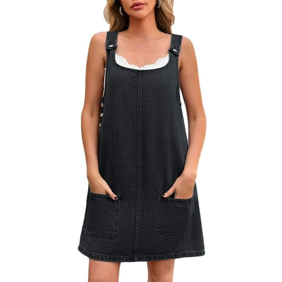 SCSAlgin Women's Sleeveless Casual Denim Dress Crewneck Vintage Loose Jean Overall Dress with Pockets