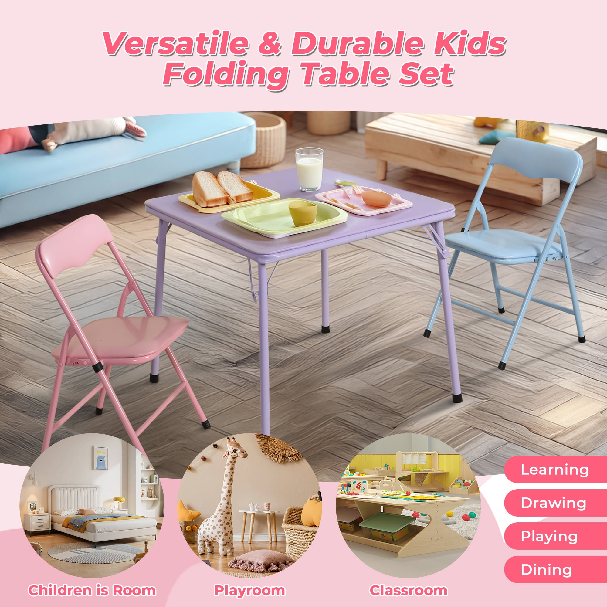 Homy Casa Kids Game Card Table and Chair Set, 3-Piece Toddler Furniture for Playroom & Preschool