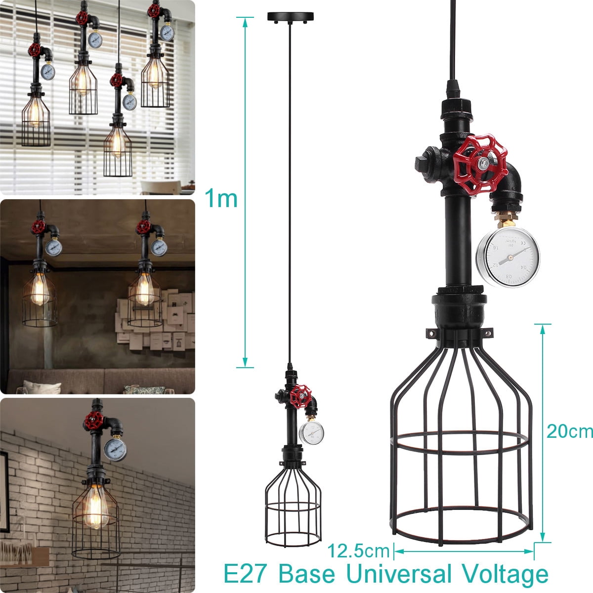 LEDSone Industrial 3 Way Vintage Retro Style Steampunk Pipe Light Bar with Lamp Shade Pendant Light Fitting Metal Pipe Lighting Ceiling Light UK Brushed Silver