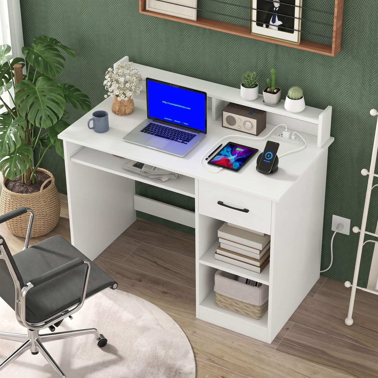 Furnibear White Desk Computer Desk Home Office Desk with Charging Station Adjustable Shelf Keyboard Tray Drawer and Reinforced Frame, White