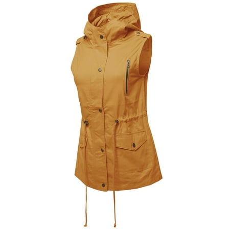 Drawstring Embroidered Vest FashionOutfit Women's Casual Zipper With Snap Button Closure Military Drawstring Hoodie Vest ()