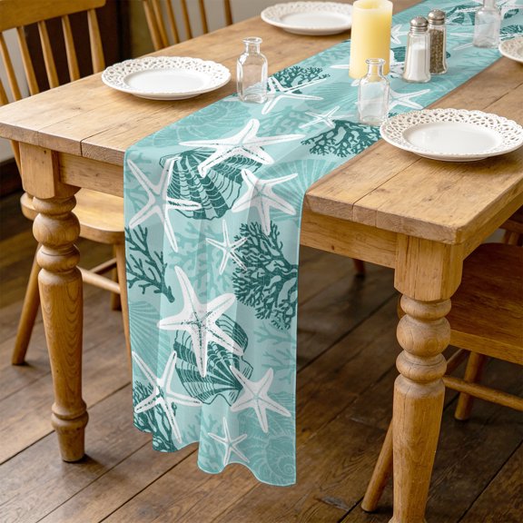 Teal Green Coastal Starfish 4.5ft Cheesecloth Table Runner for Wedding 19"x55", Sea Shell Coral Summer Beach Kitchen Dinner Sheer Tulle Chiffon Dresser Scarf, Holiday Party Decorations