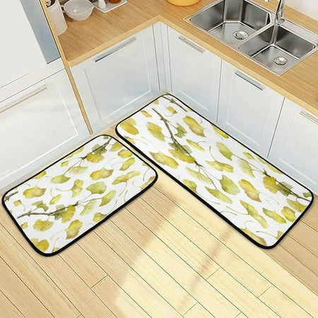 

SKYSONIC Golden Ginkgo Leaves Kitchen Rugs 2 Pieces Watercolor Fall Floor Mat Room Area Rug Washable Carpet Perfect for Living Room Bedroom Entryway
