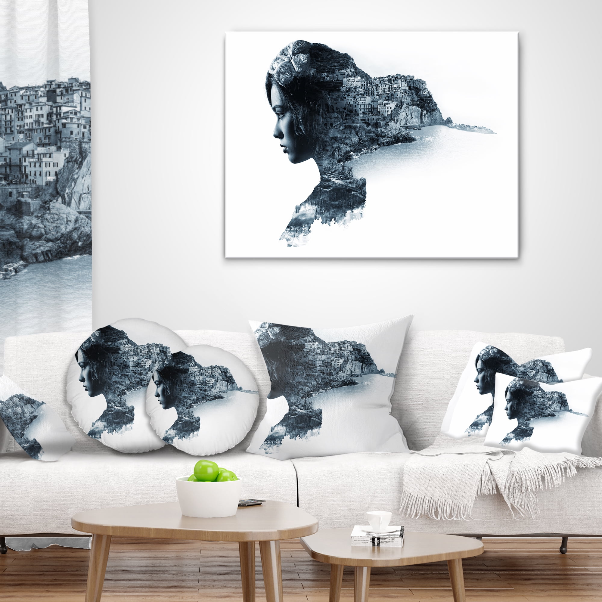 Designart Woman Portrait Double Exposure - Portrait Throw Pillow - 18x18