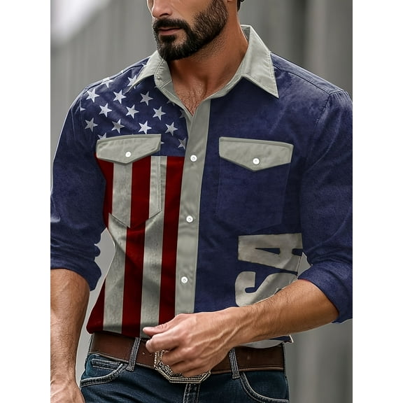 Men's Embroidered Exquisite American Flag Western Cowboy Shirt Long Sleeve Regular Fit Snap Button Down Shirts Blue L