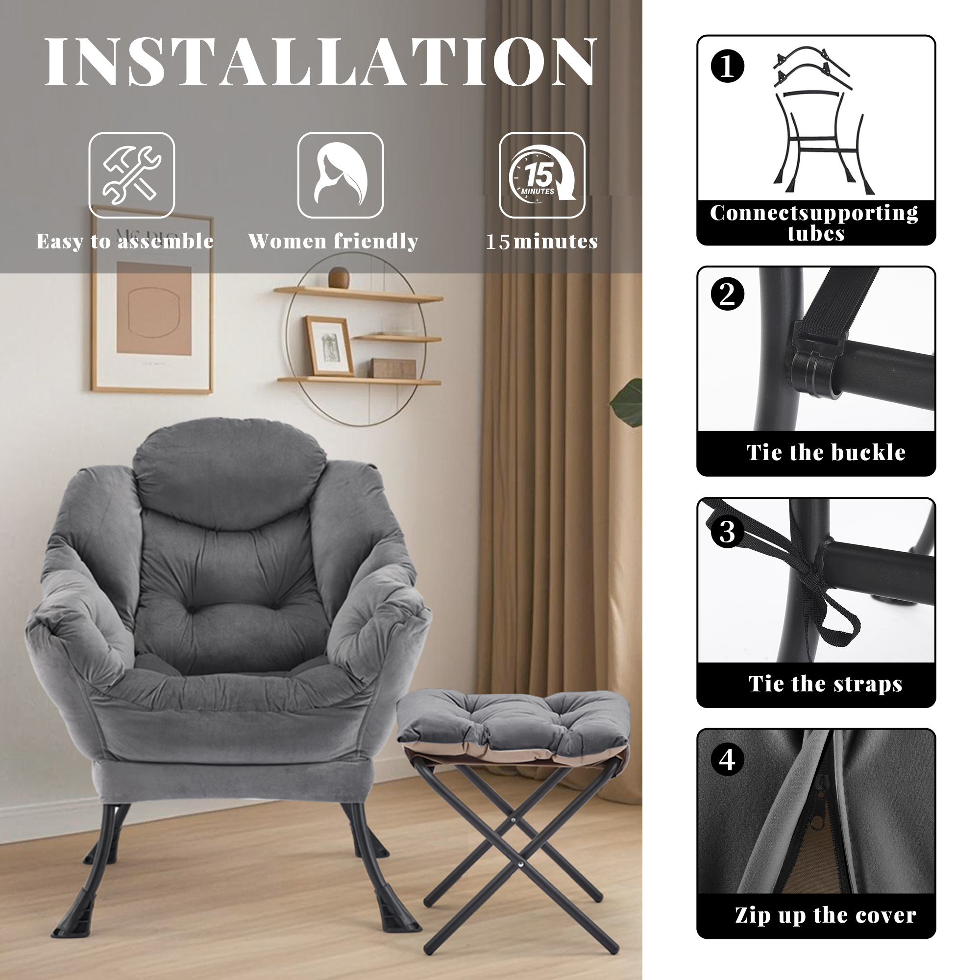 SAETSFEG Lazy Chair with Ottoman, Dark Gray photo 8
