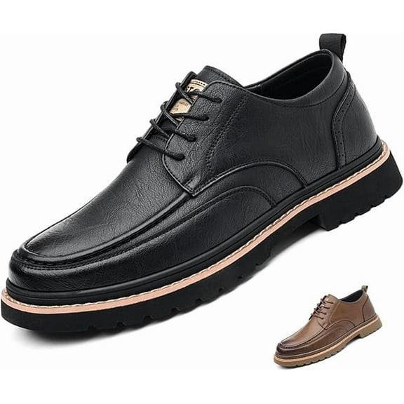 Men's Leather Lace Up Platform Oxfords Comfortable Round Toe Hand-Sewn Soft Non-Slip Dress Shoes Business Work Formal Derby Shoes