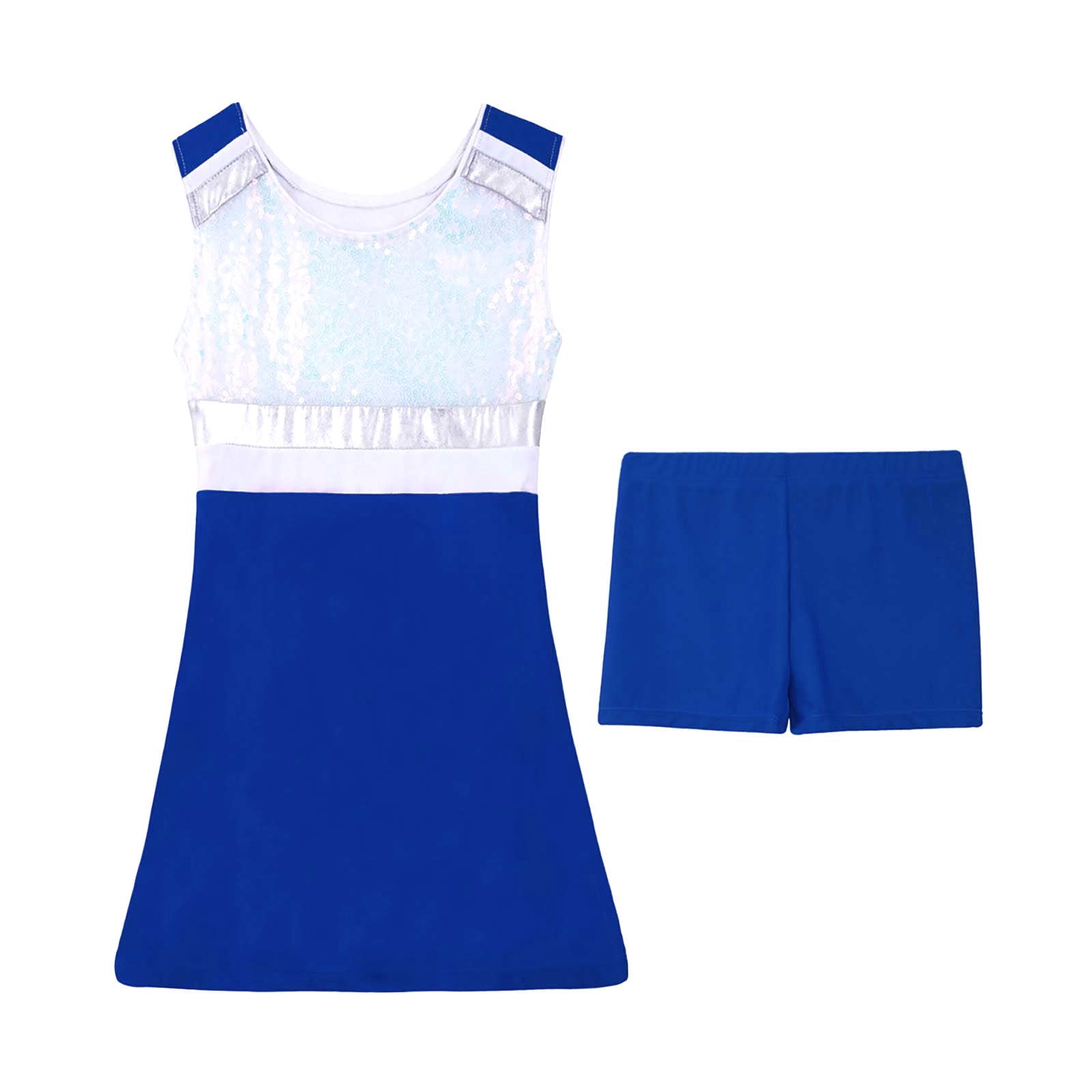 Yanarno Kids Girls Shiny Sequins Tennis Golf Sport Dress Outfits Athletic 2 Pcs A-Line Dress with Royal Blue 4