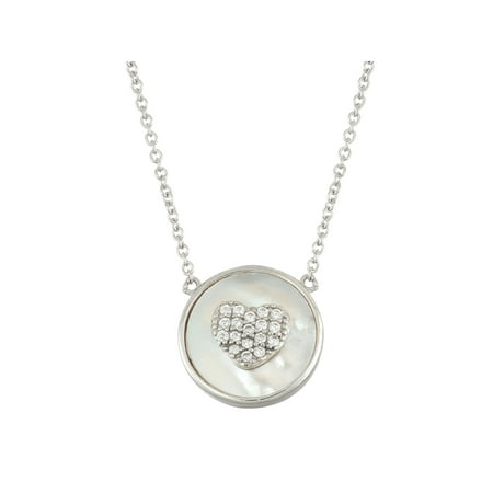 Silver And Mother Of Pearl Cufflinks - White Cubic Zirconia Heart Pave and Mother of Pearl Sterling Silver Circle Necklace, 18