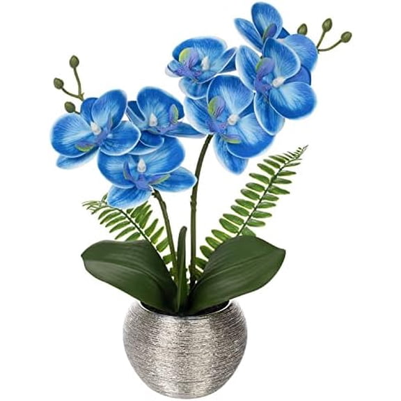 Fake Orchid Flowers 13'' Blue Orchids Artificial Flowers with Silver Ceramic Vase Faux Orchid for Home Office Decor Indoor