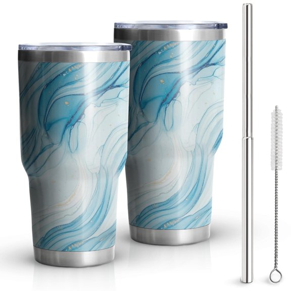 30oz Blue Marble Gold Wave Pattern Tumblers Stainless Steel Tumbler with Lid and Straw,Vacuum Insulated Double Wall Travel Tumbler Cups Mug with Cleaning Brush for Coffee,Tea