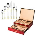 thumbnail image 1 of Florentia Collection 75-Piece Cutlery Set 'Principe' 24K Gold-Plated Service for 12, 18/10 Surgical Stainless Steel Flatware Silverware Cutlery with Hostess Set Cherry Color Wood Storage Case, 1 of 4