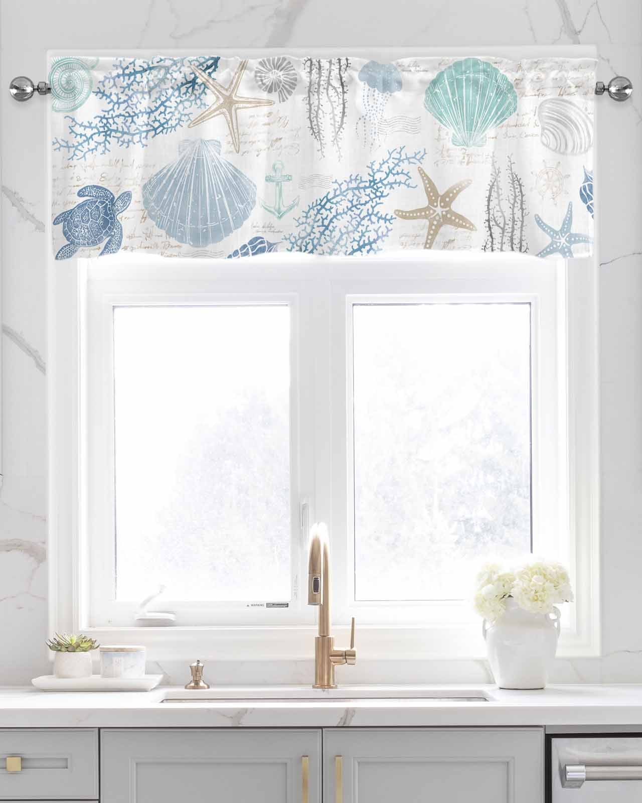 Coastal Blue Linen Curtain Valance for Bedroom/Bathroom/Kitchen/Living/Dining Room Window,Nautical Turtle Shell Starfish Anchor Coral Pocket Topper Drapes Decorative Cafe Drapery Panel 42"x18"