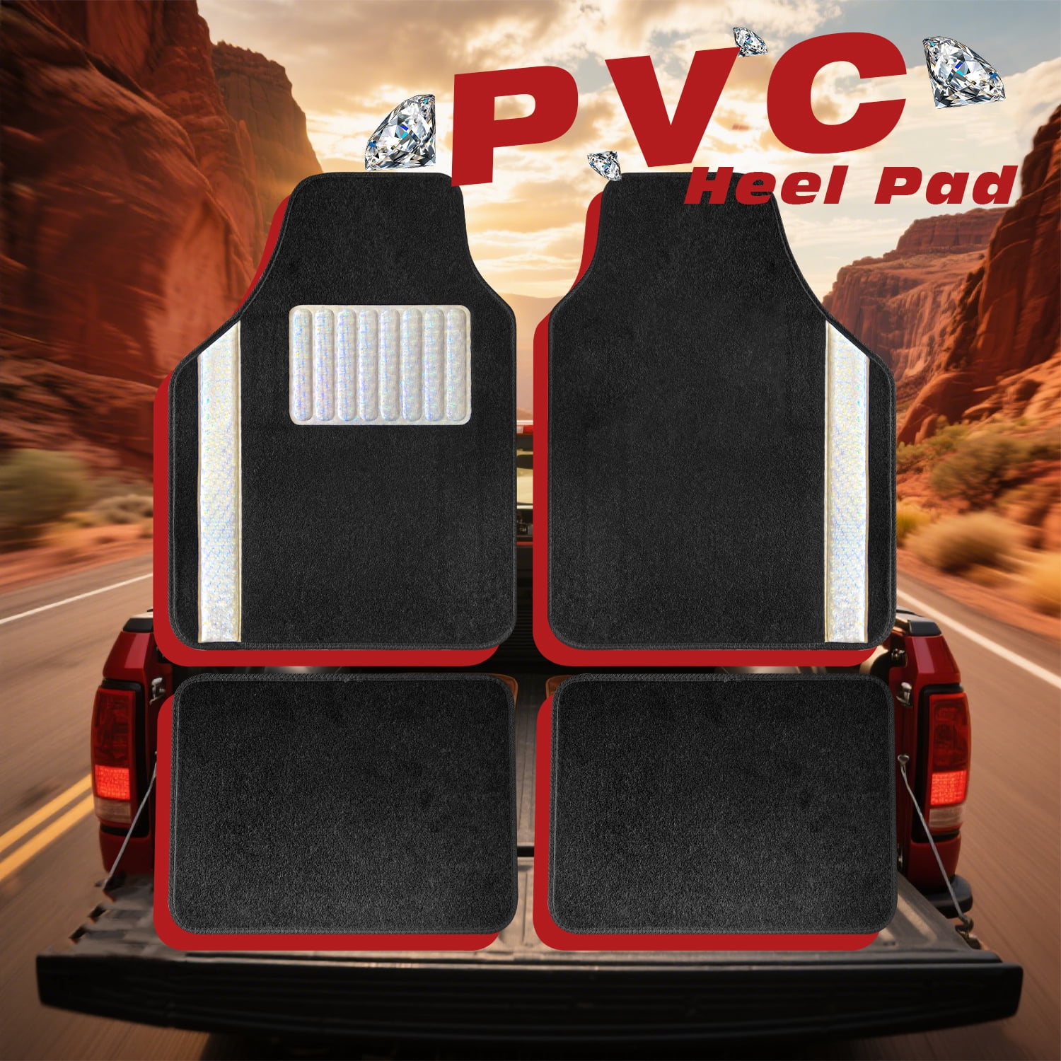 4 Pcs Bling Car Floor Mats with White Diamond Crystal, Universal Fit Carpet Liners for Women Girls, Non-Slip Waterproof (Black + White Diamond Crystal)