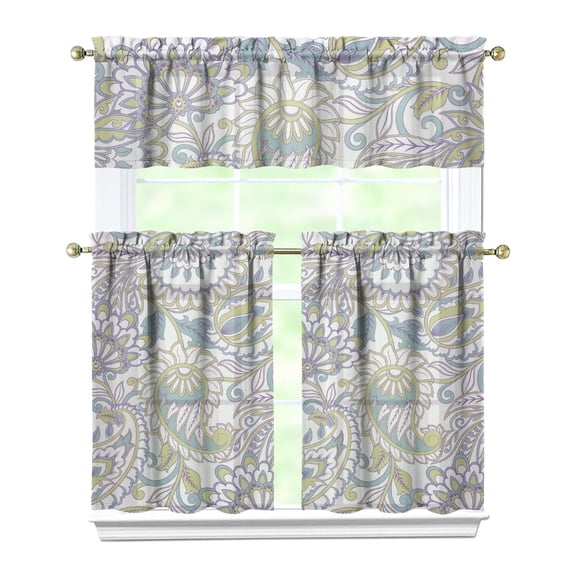 Retro Chic 3-Piece Kitchen Curtains Set - Abstract Ethnic Pattern Tier Curtains & Valance, Rod Pocket Window Treatment Panels for Farmhouse Style