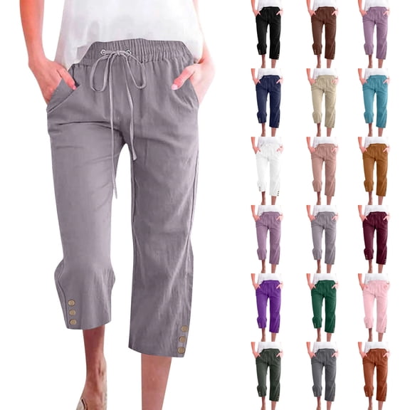 Women 3/4 Length Wide Leg Capris Pants Casual Comfy Drawstring Elastic Waist Pants with Side Pockets, Light Gray S