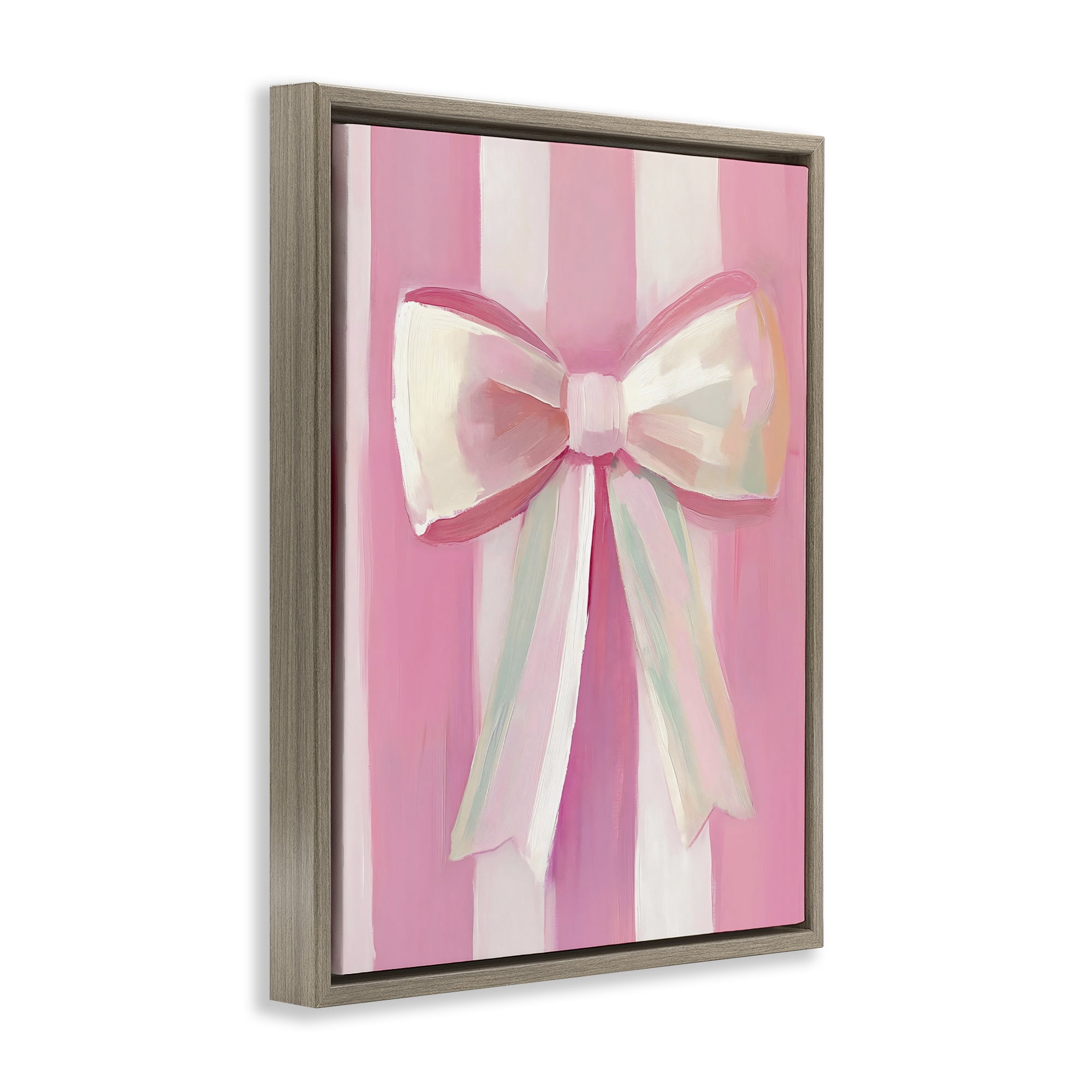 Stupell Industries Preppy Pink Bow on Stripes Brown Framed Floater Canvas Wall Art, design by The Prints Vibe