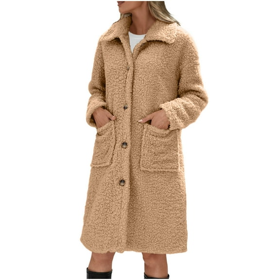 Lovskoo Women's Winter Fleece Sherpa Jacket Button Down Pockets Long Sleeve Lapel Casual Trendy Outerwear Solid Color Warm Long Coat Khaki