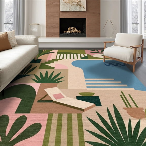 ODIKA 8'x10' Washable Area Rug Green Pink Pastel and Geometric Modern Abstract Design with Botanical Motifs for King Size Bedroom Under Bed, Master Suite, Non-Shedding, Easy Care