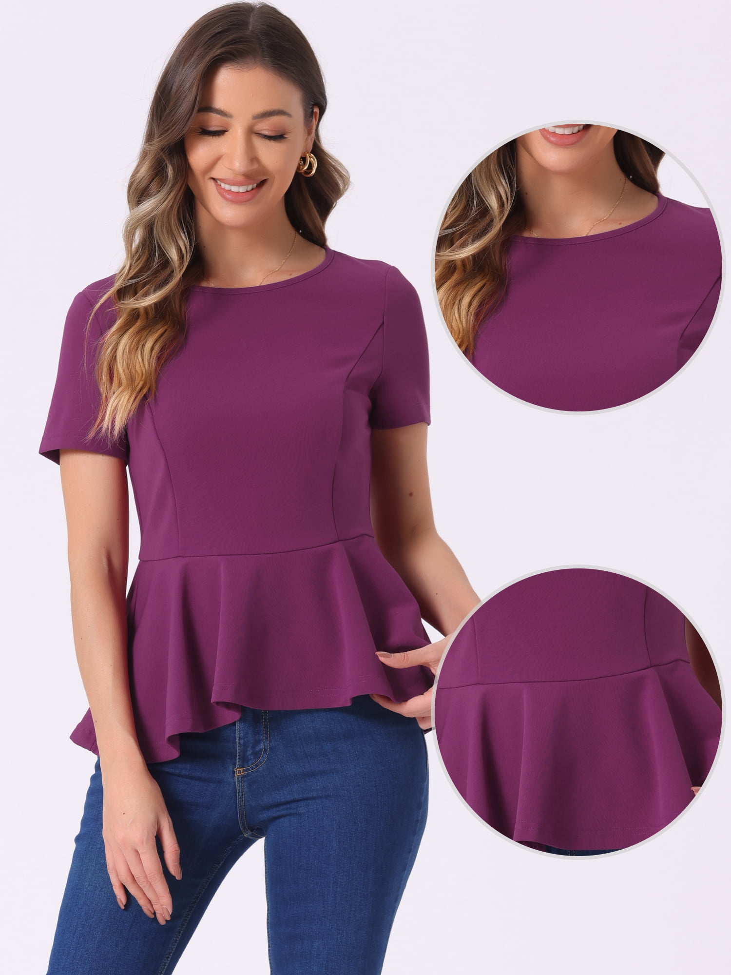 DARING DIVA Women's Peplum Tops Short Sleeve Crew Neck Blouse S Purple