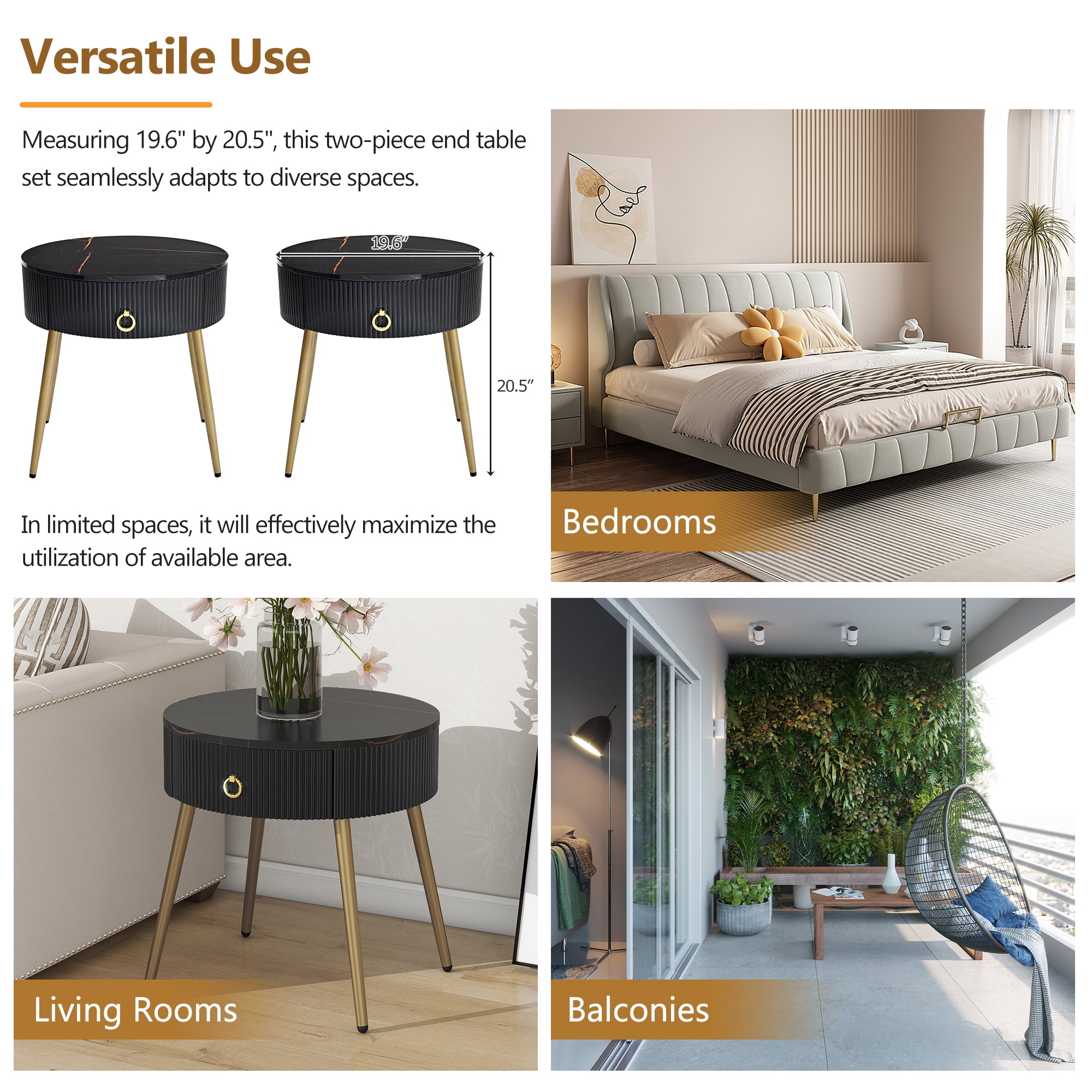 EUROCO 2-Piece 19.6" Round Coffee Table Set, End Tables with High Gloss Faux Marble Tabletops,Modern Fluted 2 Side Tables with Drawers and Golden Legs for Living Room, Black