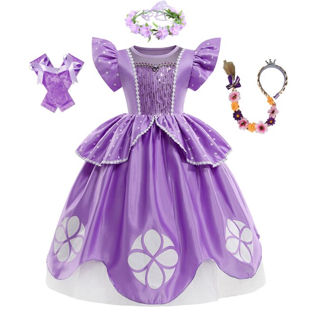 Sophia The First Anime Disfraz Niñas Princesa Vestido Púrpura Floral Vestido de fiesta Niños Carnaval Fiesta Ropa Sofia Cosplay Robes7-8T (Etiqueta 140) Gao Jinjia LED