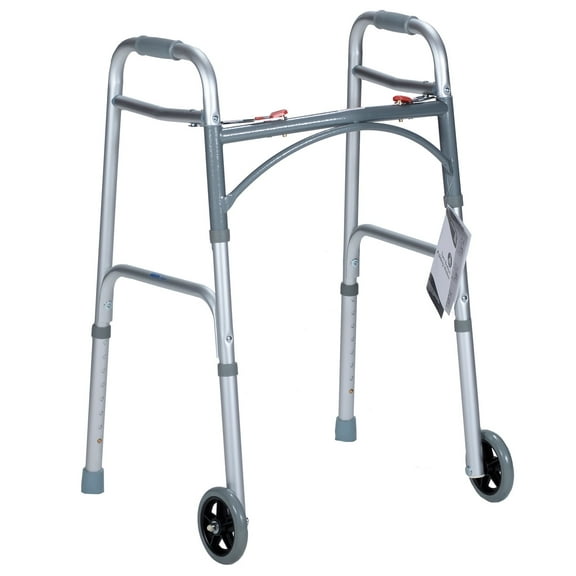 Dynarex Junior Two-Button Folding Walker with Wheels has Tool-Free Adjustable Height up to 32.5” & 350 Pound Weight Capacity, Silver, 1 Junior Two-Button Folding Walker with Wheels